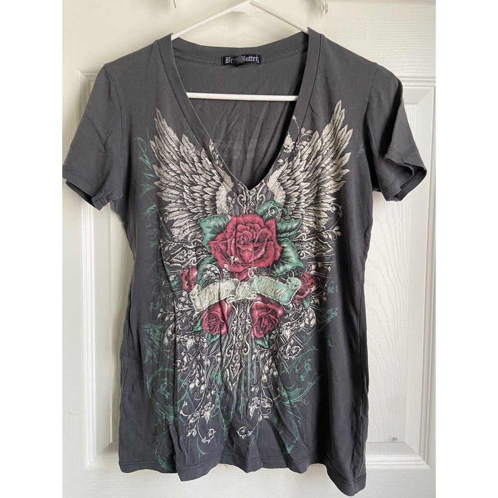 Brad Butter Top Women Large Guns Roses Hearts Wings Y2K V-neck Cyber Grunge